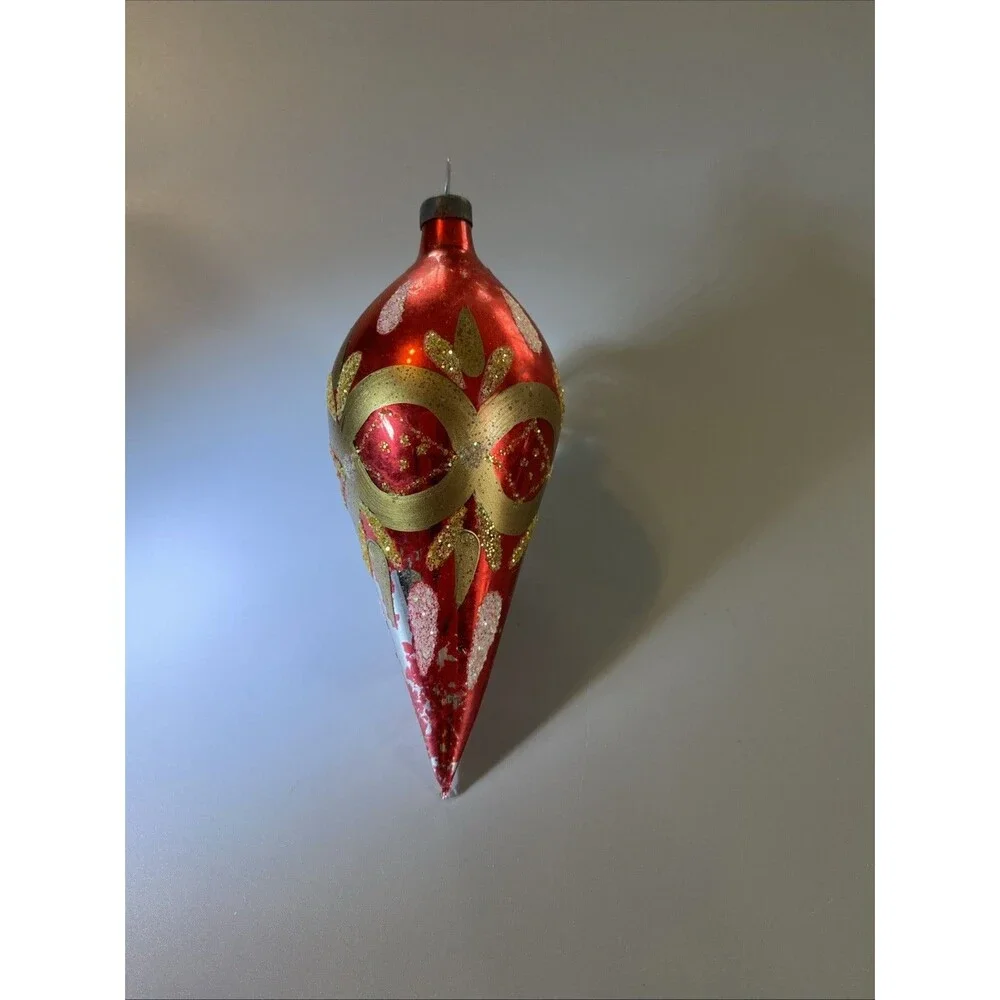 Vintage Christmas Red Gold Glass Teardrop Ornament Hand Painted Glitter Holiday